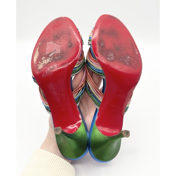 Christian Louboutin Blue & Pink Mettalic Mules Multitaski 70mm Sandals Sz 37 - Picture 12 of 13